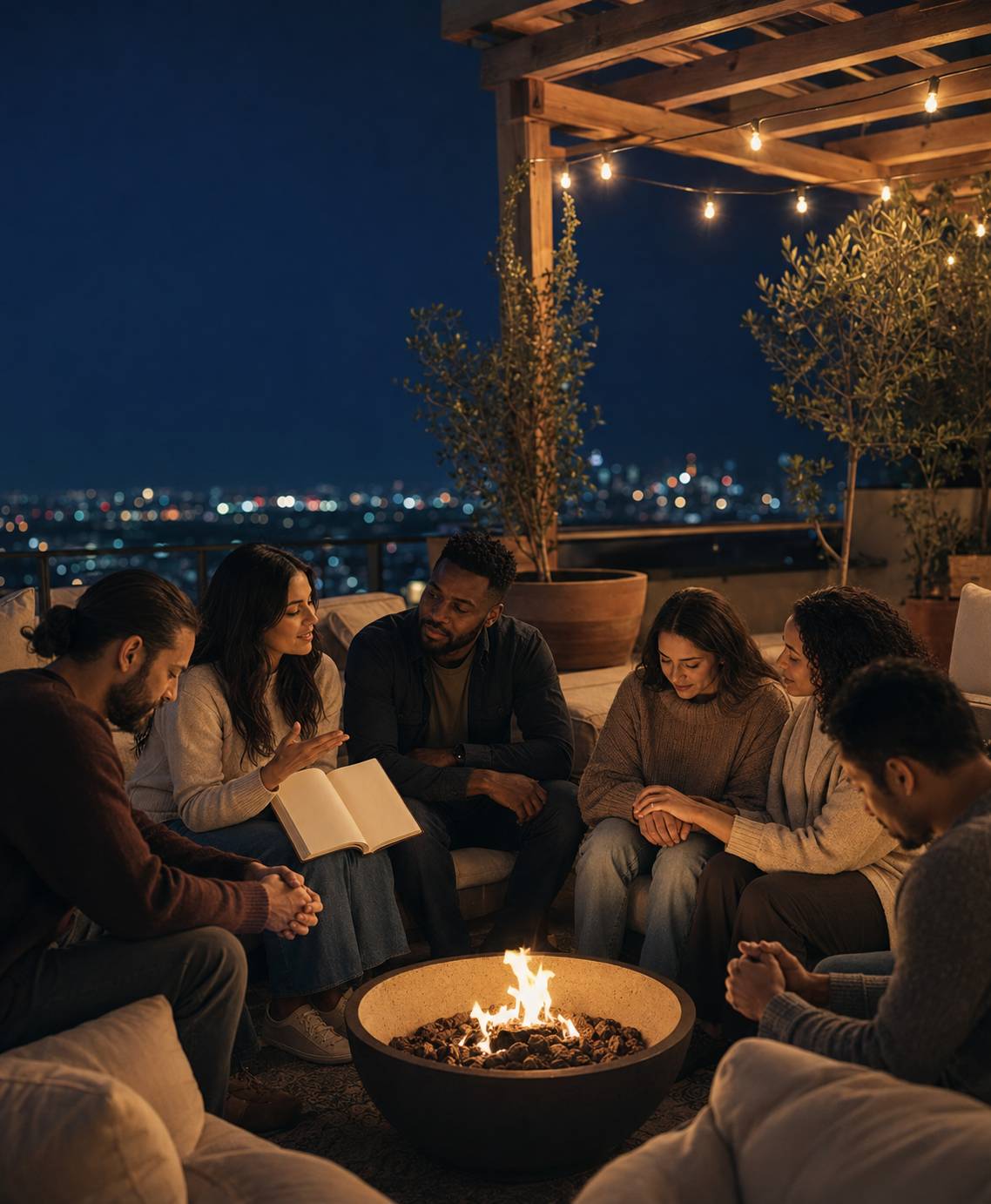 A small fellowship group studying Scripture and praying together