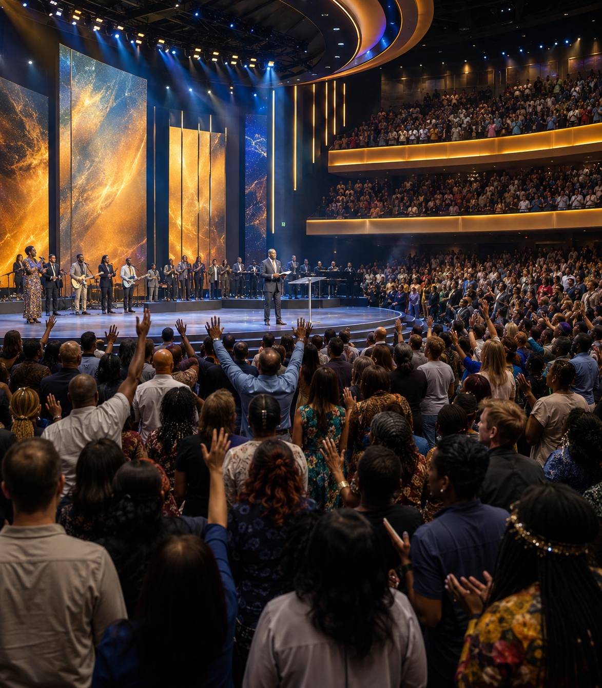 A large congregation worshipping during a ministry conference