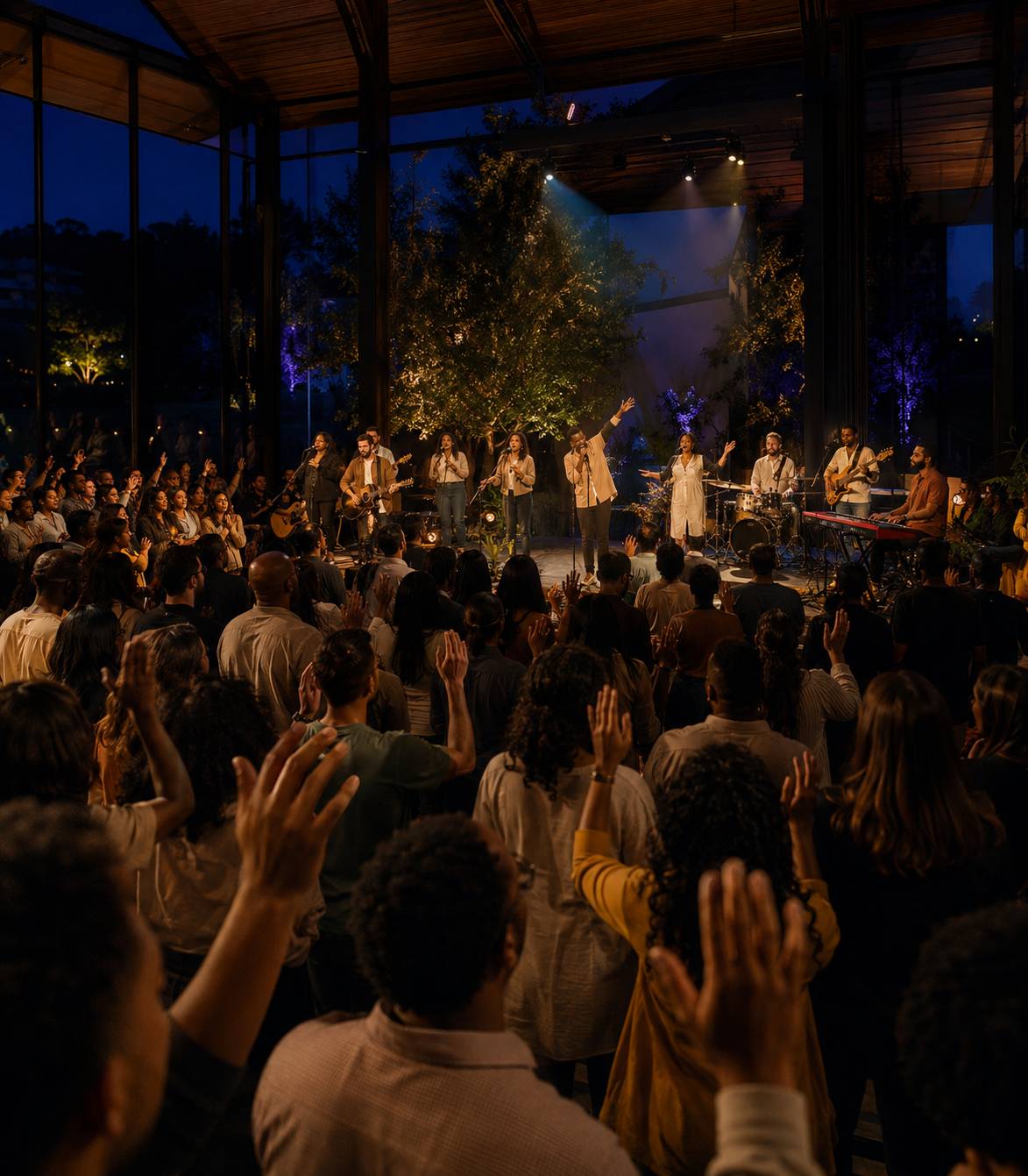 Worshippers lifting their hands during an evening gathering