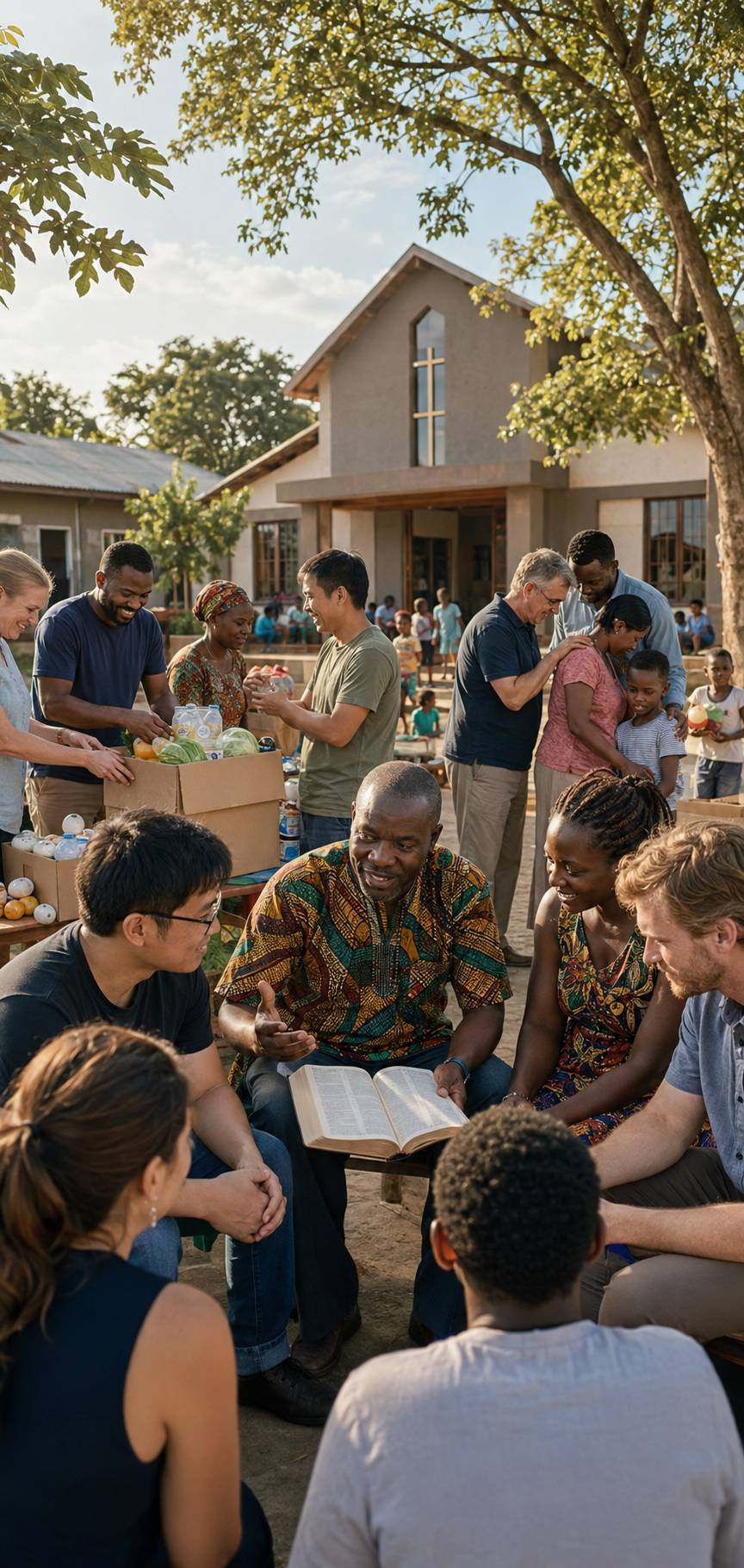 A mission team praying with members of a local community
