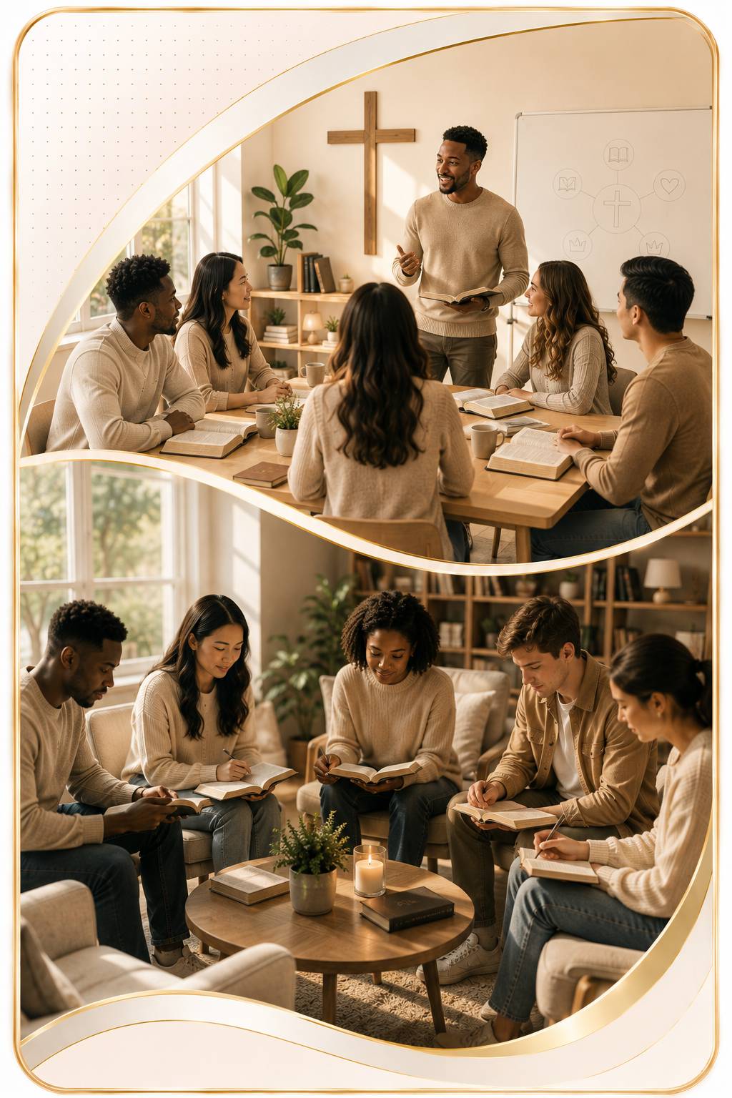 Believers studying Scripture in a discipleship setting