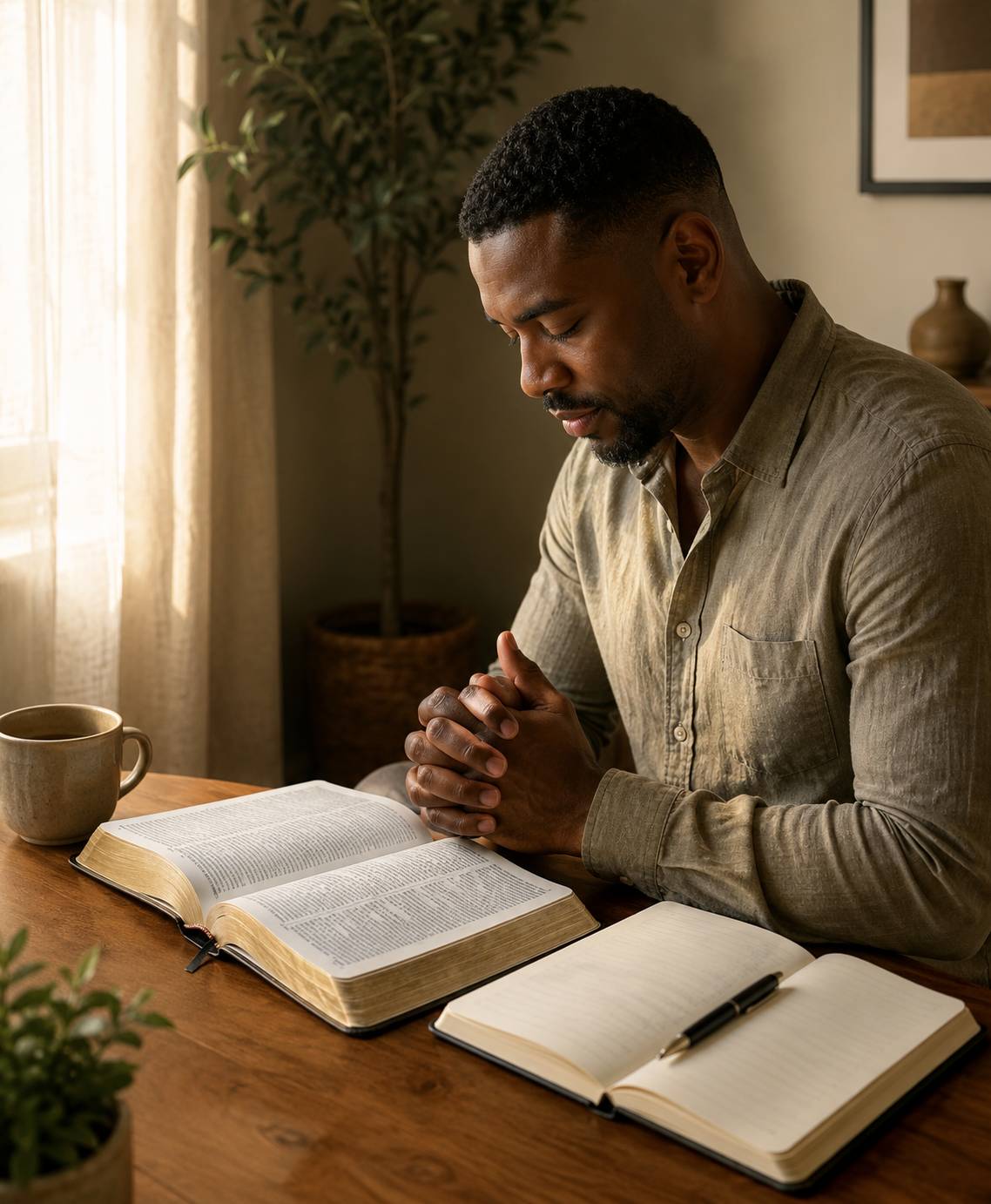 A believer using a Bible and prayer guide