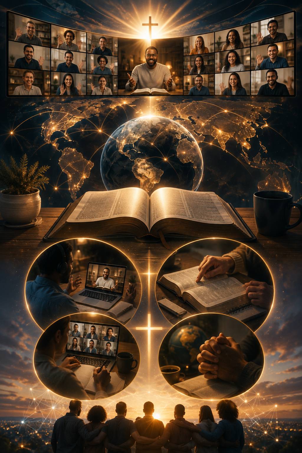 Believers from different nations studying the Bible online