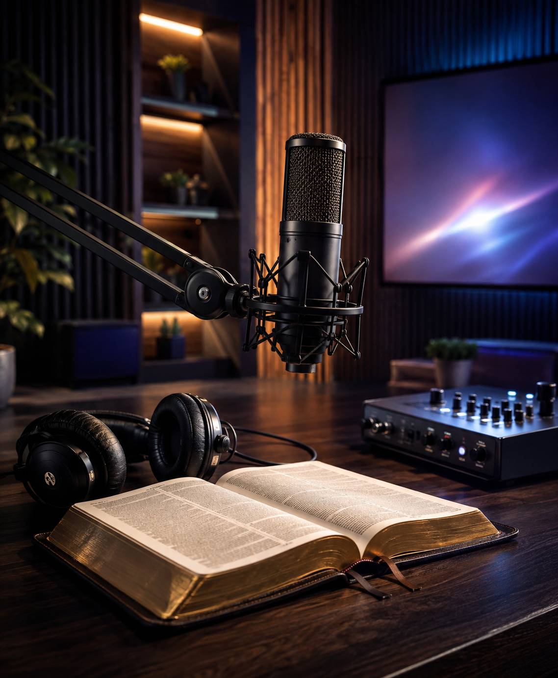 A professional microphone prepared for a Christian podcast