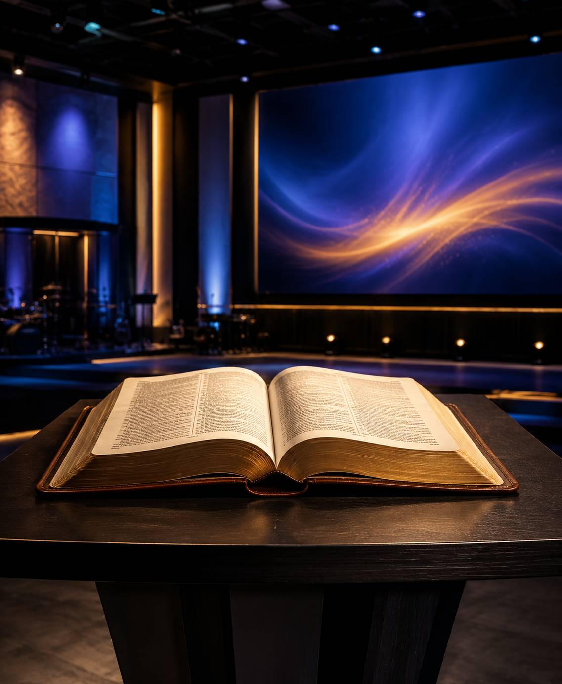 An open Bible beside a screen displaying a Christian teaching